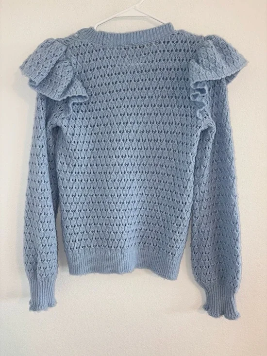 LOFT Pastel Blue Shoulder Ruffle Open Knit Sweater Size - Picture 7 of 9